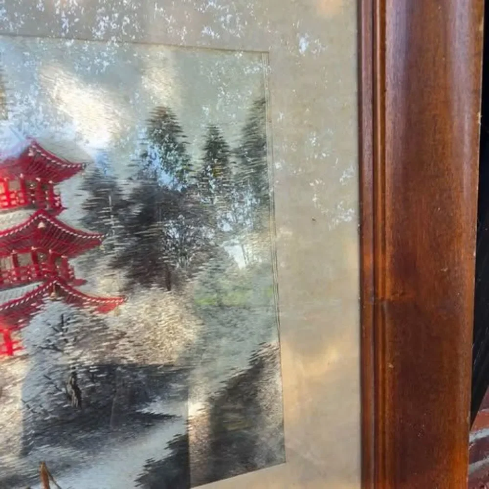 Vintage Asian Silk Embroidery Pagoda Landscape Framed Wall Art